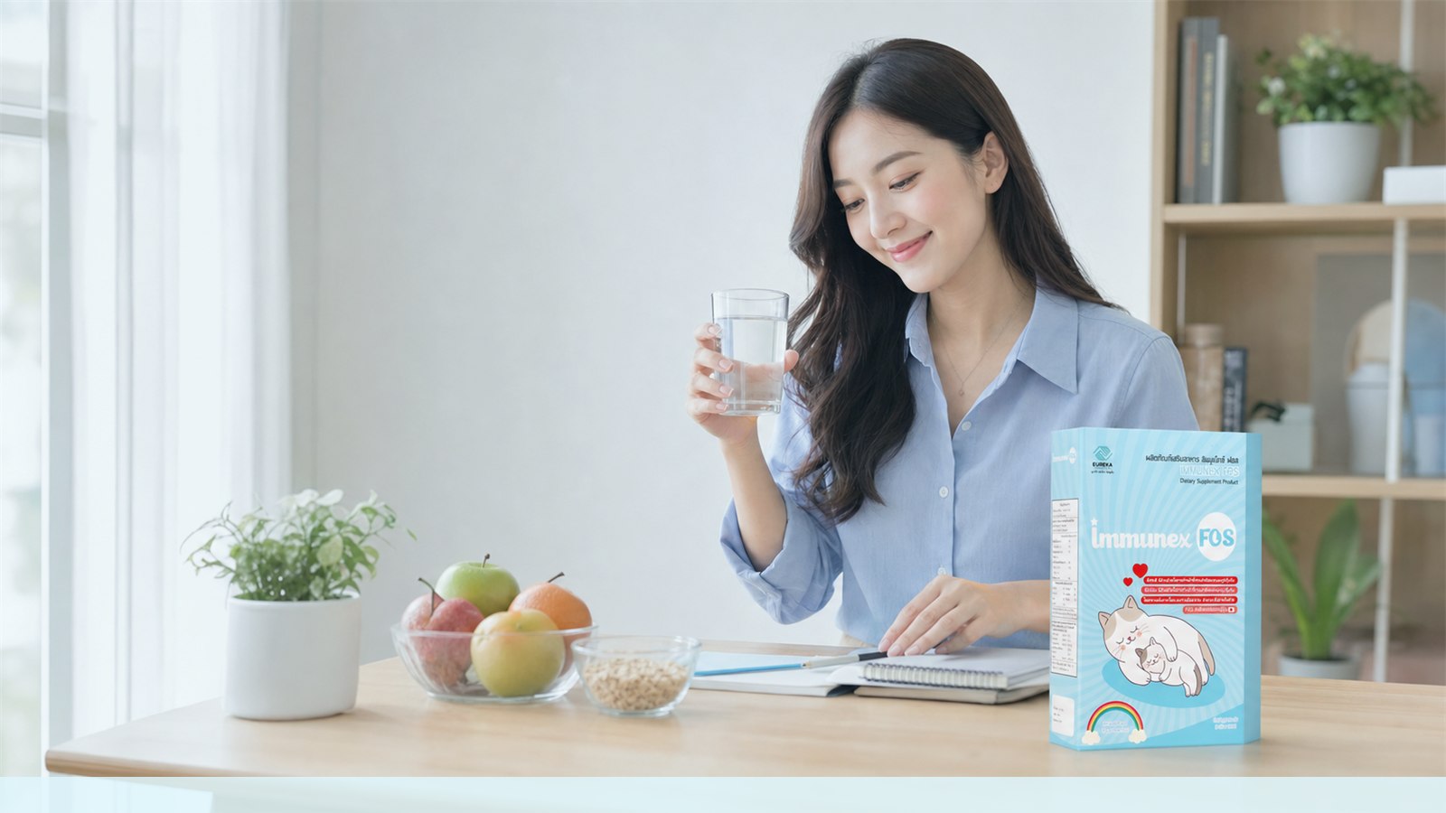 Thai young professional at a bright home workspace with a glass of water and an IMMUNEX FOS package