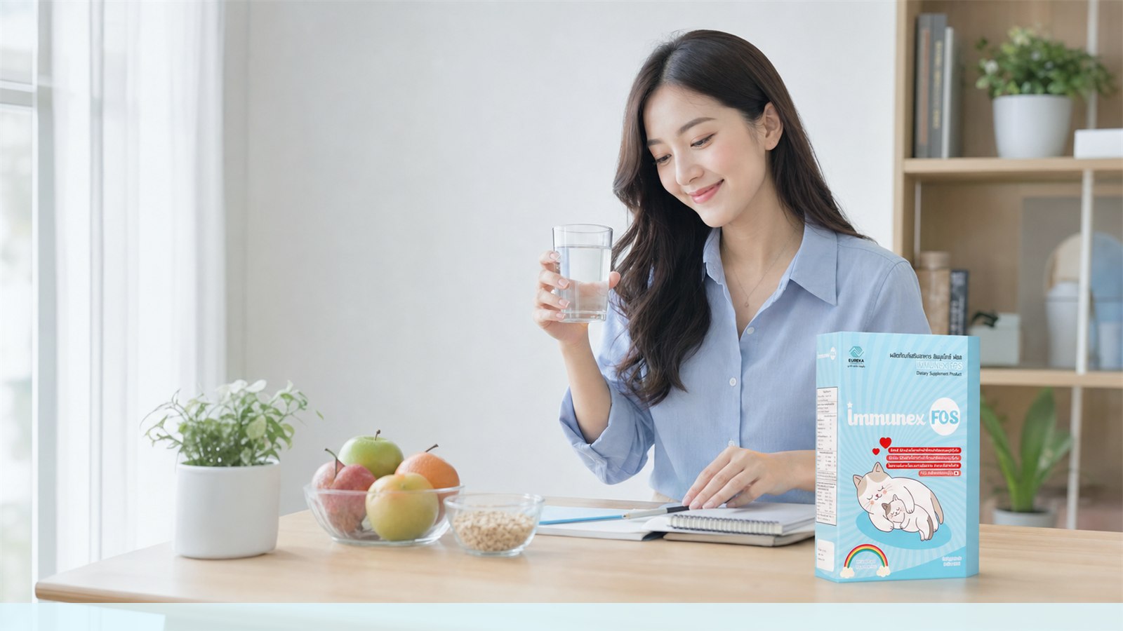 Thai young professional at a bright home workspace with a glass of water and an IMMUNEX FOS package