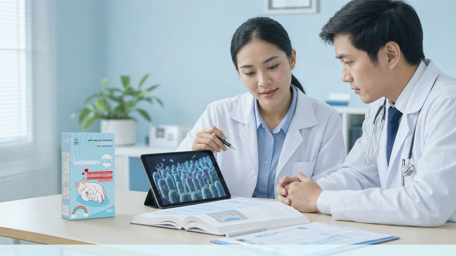 Thai healthcare professionals reviewing gut-microbiome information with an IMMUNEX FOS package nearby